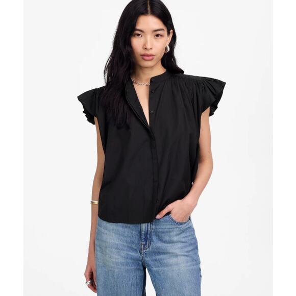 Madewell Poplin Shirred Button-Up Shirt Sz S Black Ruffle Cap Sleeve Rounded Hem - Picture 1 of 8